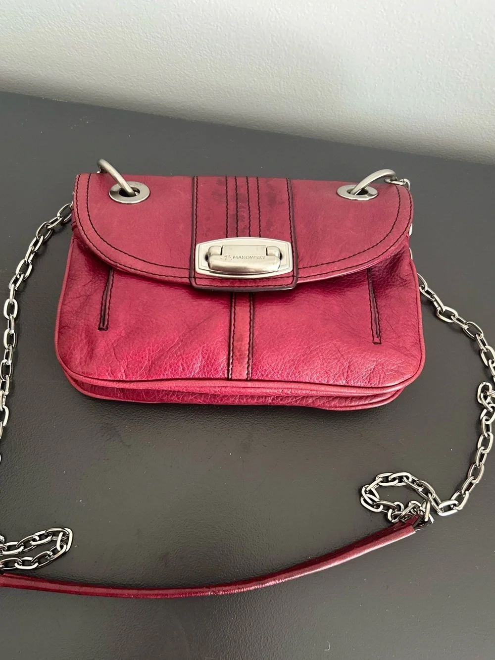 B. Makowsky Burgundy Pebbled Leather Crossbody Bag Silver Chain Purse